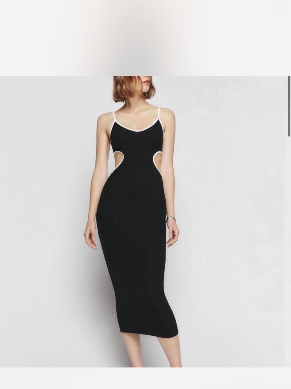 Reformation Black Midi Dress with White Trim and Side Cutouts